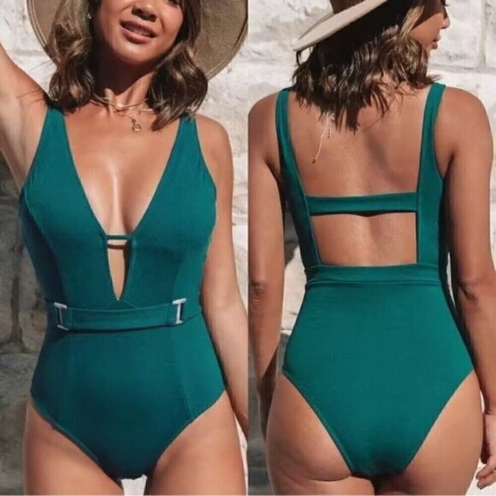 NWT Green One Piece Size Small Belted Deep V Neck Hipster Bathing Suit